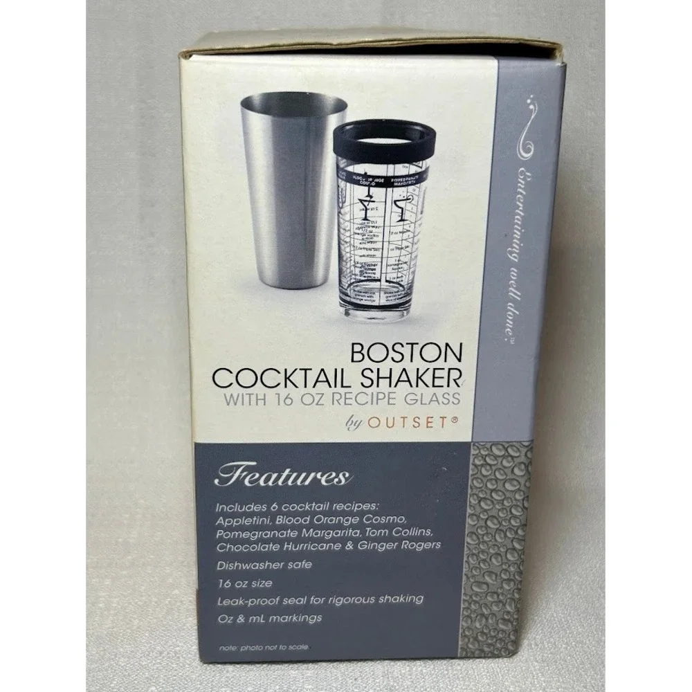 Outset Boston Cocktail Shaker Stainless Steel &‎ Glass 16 oz Recipe New